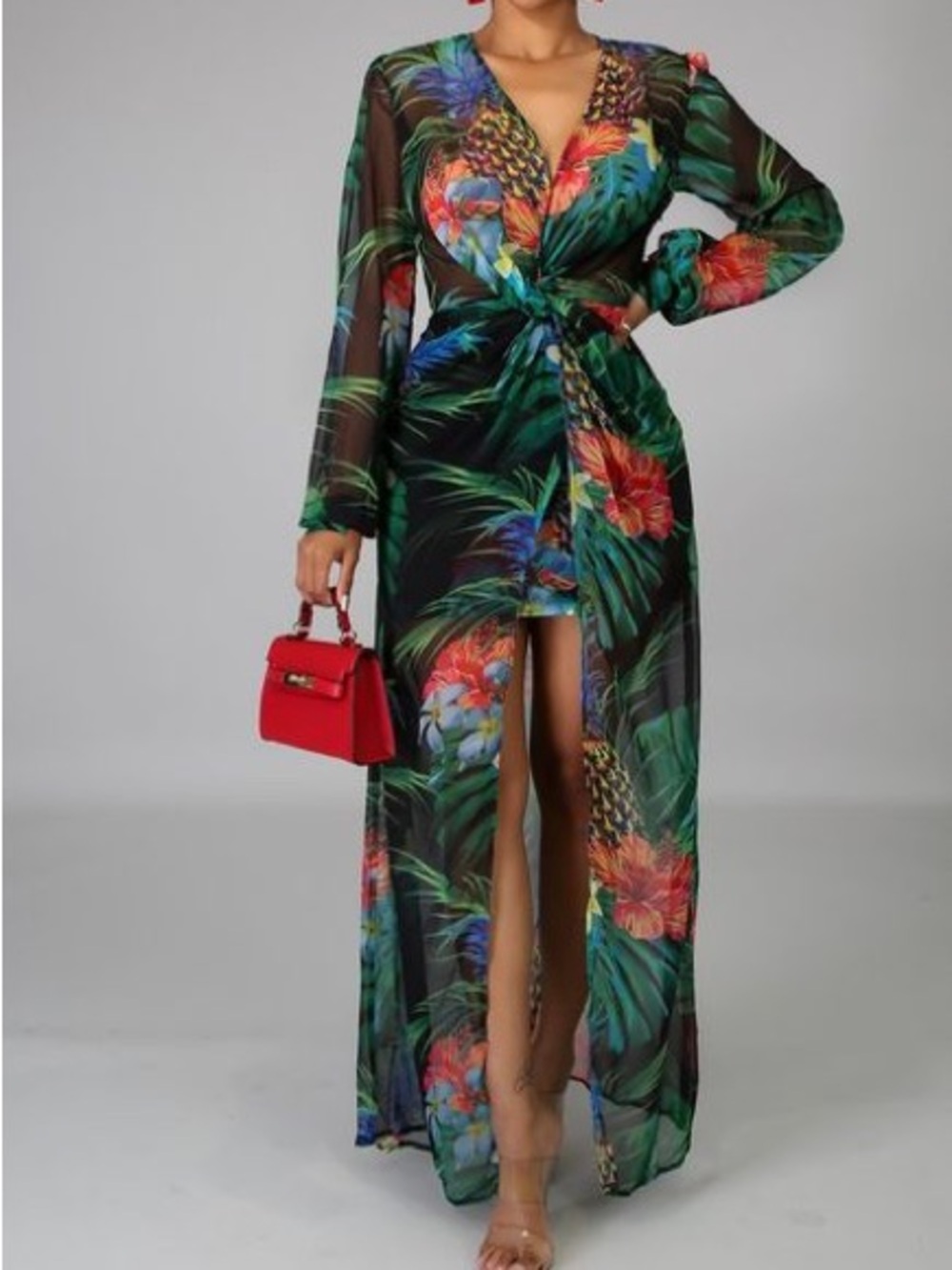The Sang Tropical Floral Front Twist Sheer Maxi Dress L Large Resortwear Pool